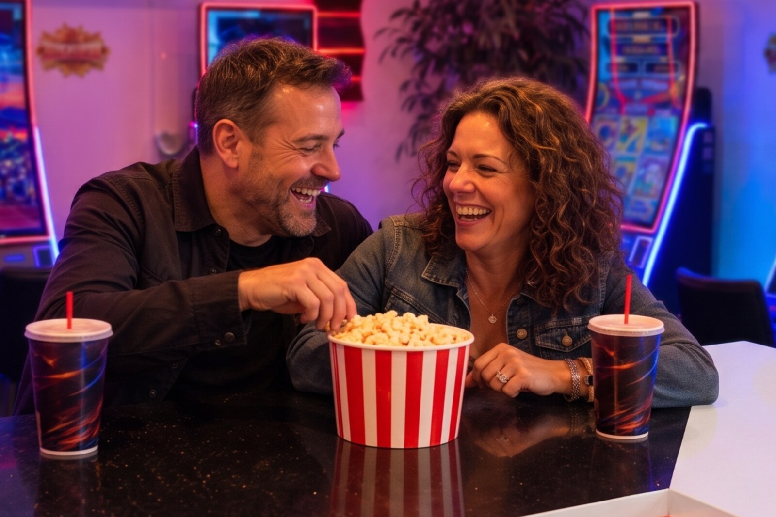 Two friends laughing over a fresh bucket of popcorn and drinks at The Flame's bar, the neon room glowing behind them