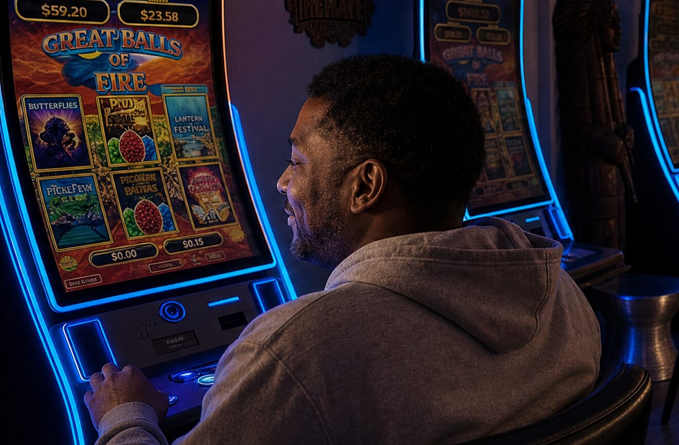 A man at the first machine in the row, his screen lighting him in the dark room