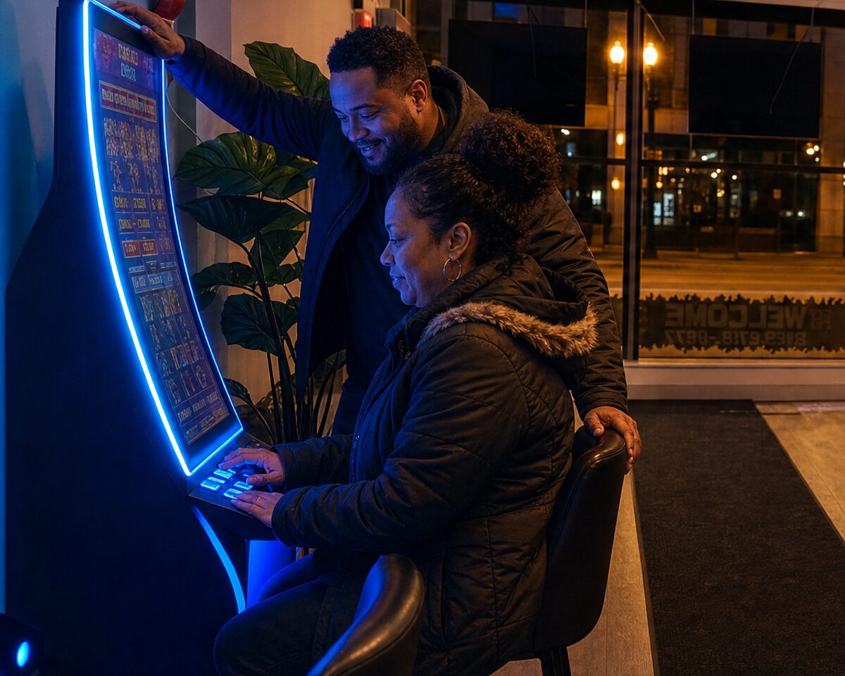 A couple sharing a machine by the front window, both smiling at her screen