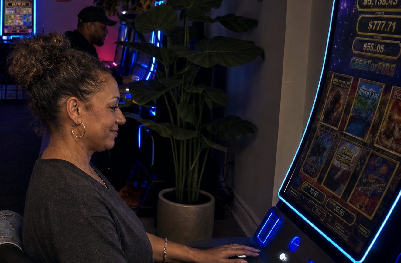 A woman at her machine along the west wall, lit by the screen in the dimmed room